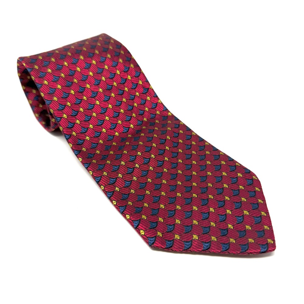 ECHO Men's 100% Silk‎ Tie Red Blue Yellow Geometric Pattern Tailored in USA